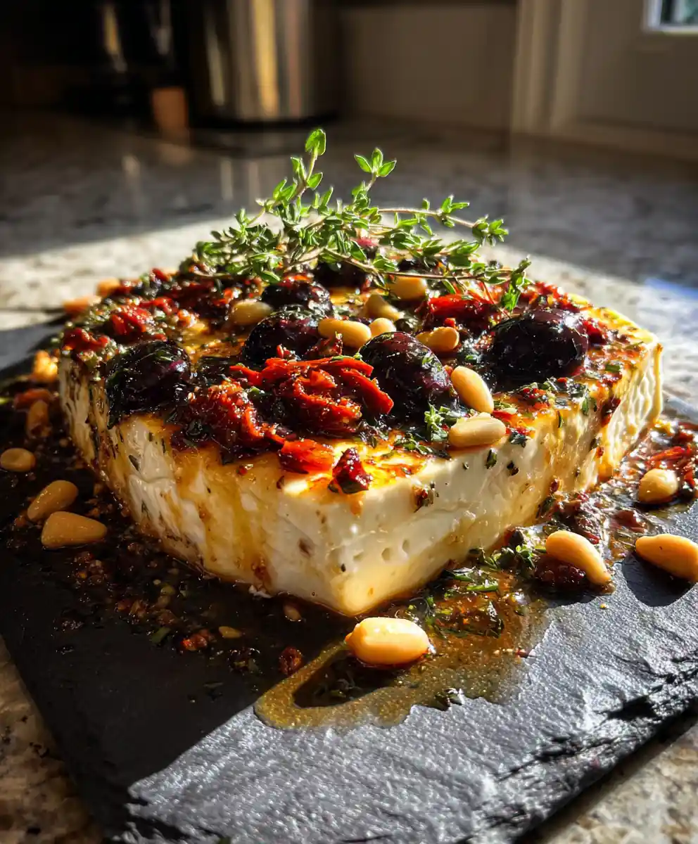 Baked Feta With Olives, Sun Dried Tomatoes And Pomegranate Molasses Drizzle 5 Baked Feta with Olives, Sun Dried Tomatoes and Pomegranate Molasses Drizzle
