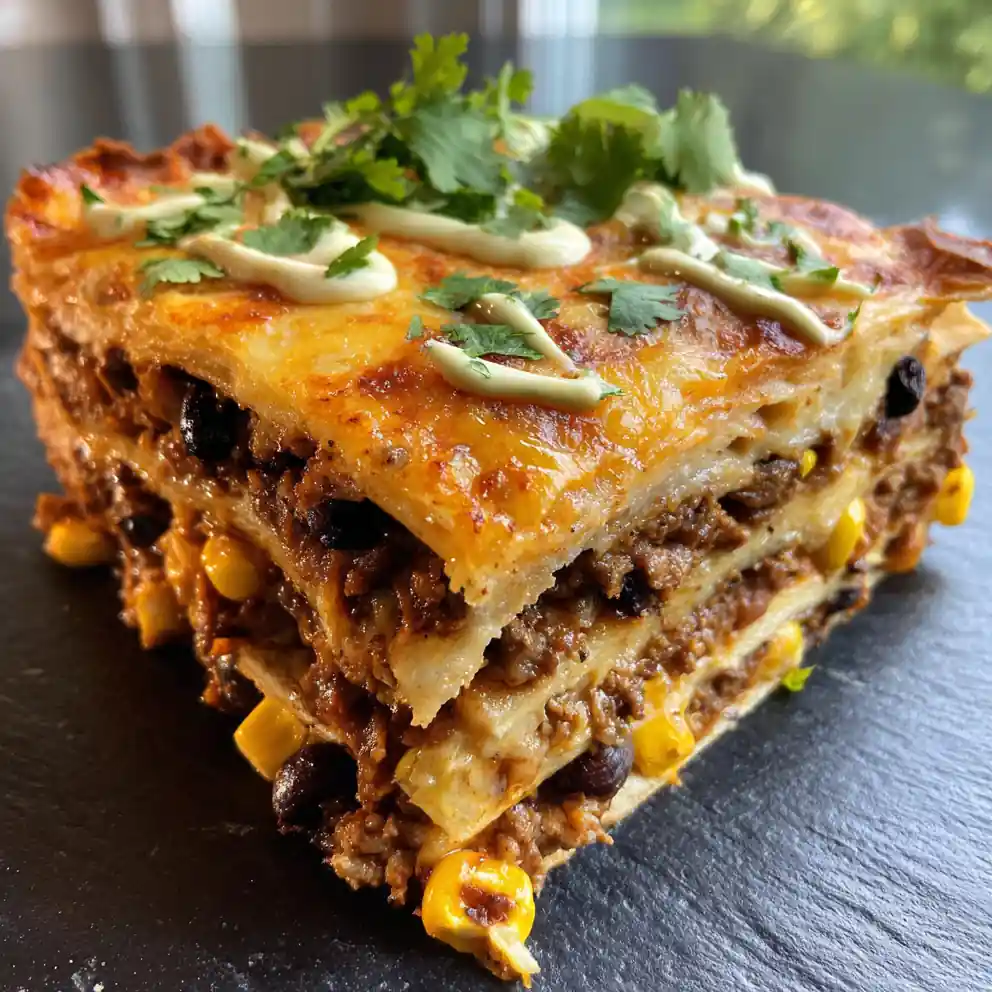 Baked Layered Burrito Casserole With Chipotle Lime Crema Swirl 4 Baked Layered Burrito Casserole with Chipotle Lime Crema Swirl