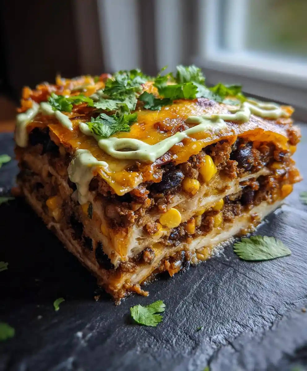 Baked Layered Burrito Casserole With Chipotle Lime Crema Swirl 5 Baked Layered Burrito Casserole with Chipotle Lime Crema Swirl
