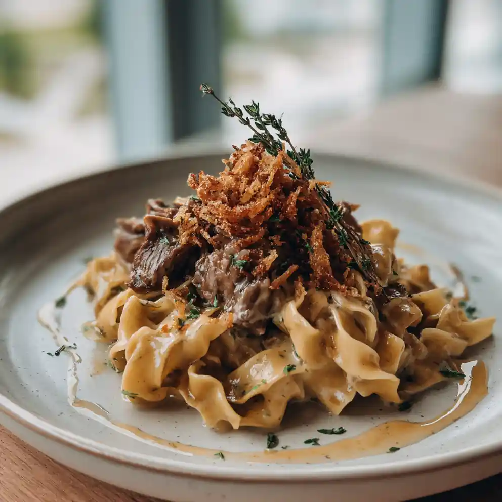 French Onion Beef Noodles With Creamy Gruyère Sauce And Crispy Onion Crumble 4 French Onion Beef Noodles with Creamy Gruyère Sauce and Crispy Onion Crumble