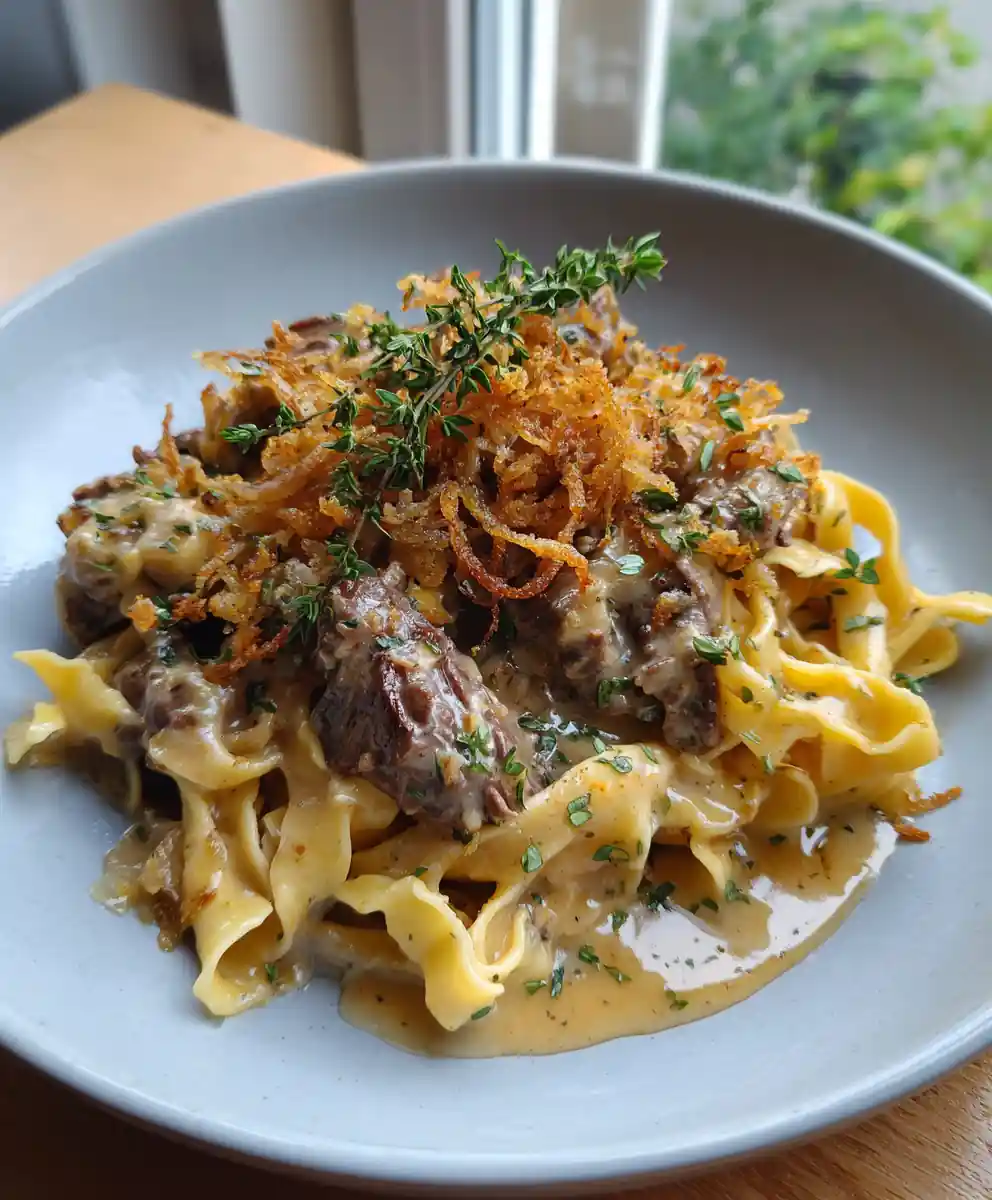 French Onion Beef Noodles With Creamy Gruyère Sauce And Crispy Onion Crumble 5 French Onion Beef Noodles with Creamy Gruyère Sauce and Crispy Onion Crumble