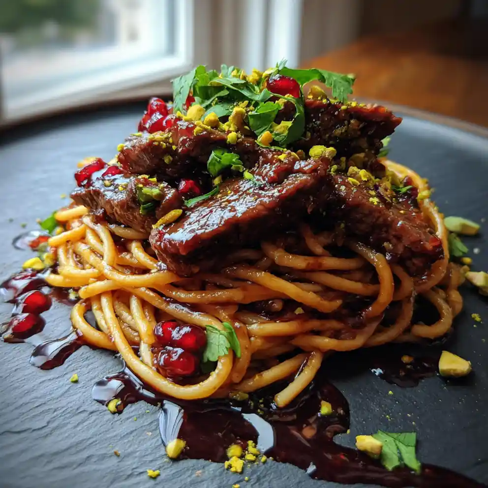 Garlic Steak Pasta With Pomegranate Chili Glaze 4 Garlic Steak Pasta with Pomegranate Chili Glaze