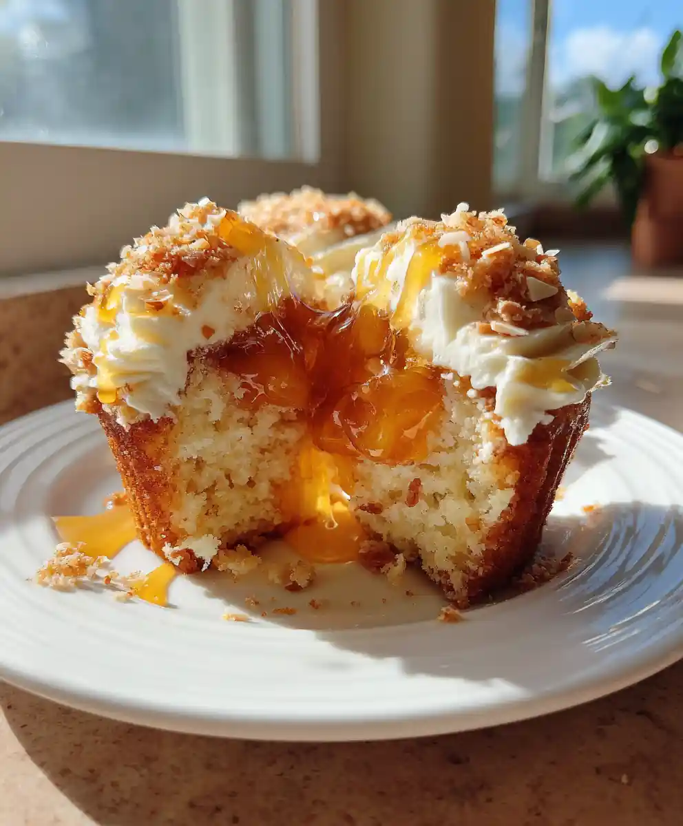 Honey Peach Cream Cheese Cupcakes With Molten Peach Filling 5 Honey Peach Cream Cheese Cupcakes with Molten Peach Filling