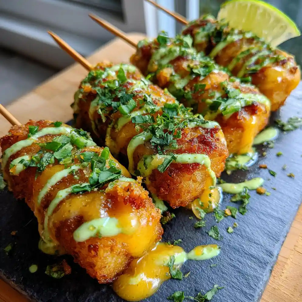 Jalapeño Cheesy Loaded Tater Tot Skewers With Avocado Lime Drizzle 4 Jalapeño Cheesy Loaded Tater Tot Skewers with Avocado Lime Drizzle