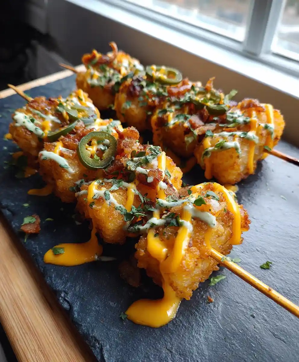 Jalapeño Cheesy Loaded Tater Tot Skewers With Avocado Lime Drizzle 5 Jalapeño Cheesy Loaded Tater Tot Skewers with Avocado Lime Drizzle