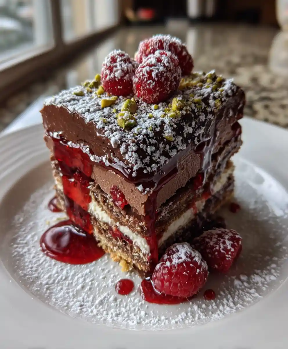 Raspberry Chocolate Lasagna With Pistachio Praline Crunch 5 Raspberry Chocolate Lasagna with Pistachio Praline Crunch