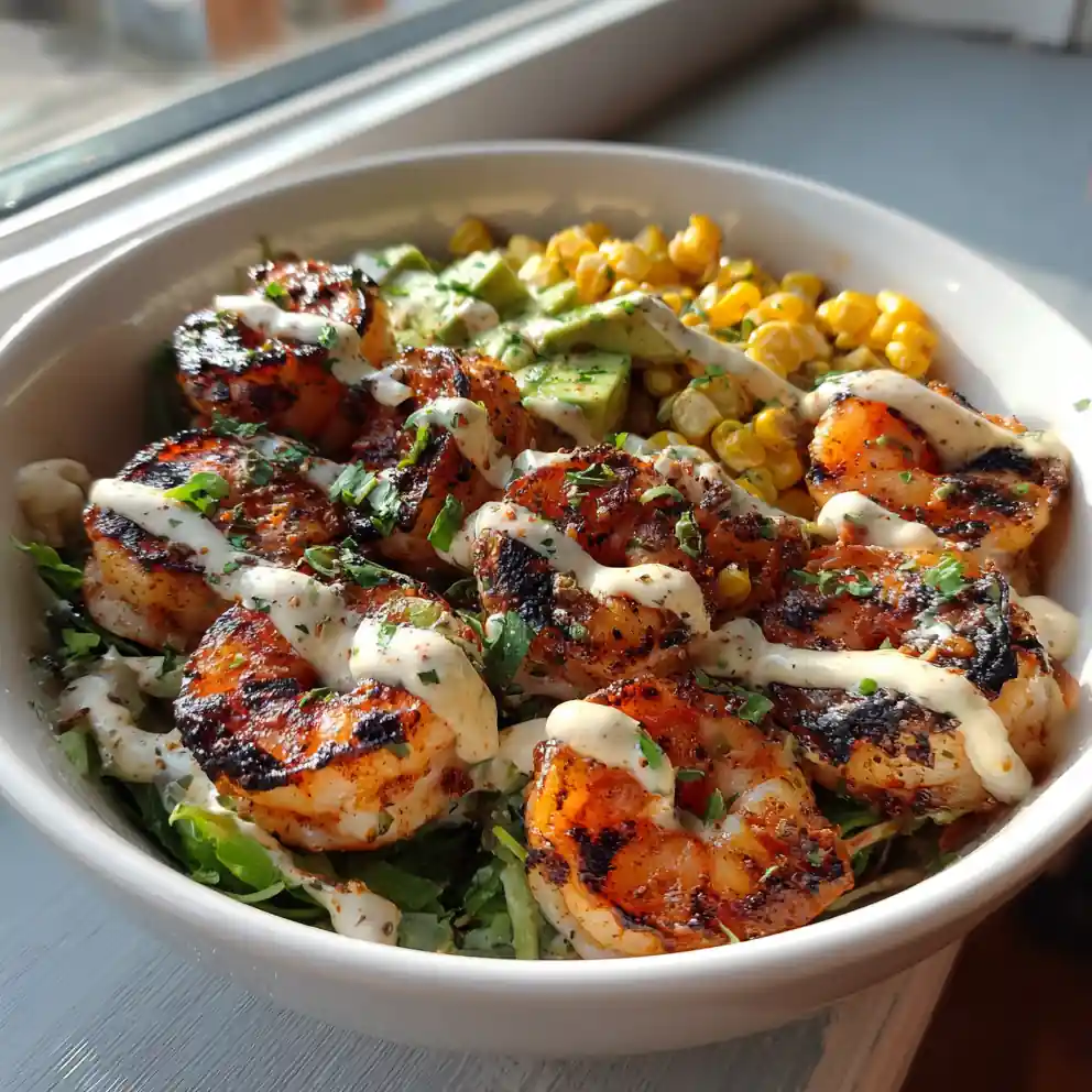 Grilled Shrimp Bowl With Avocado, Corn & Chipotle Lime Crema 4 Grilled Shrimp Bowl With Avocado, Corn & Chipotle Lime Crema