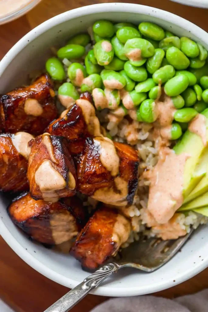 Crispy Air Fryer Teriyaki Salmon Bites Bowl
