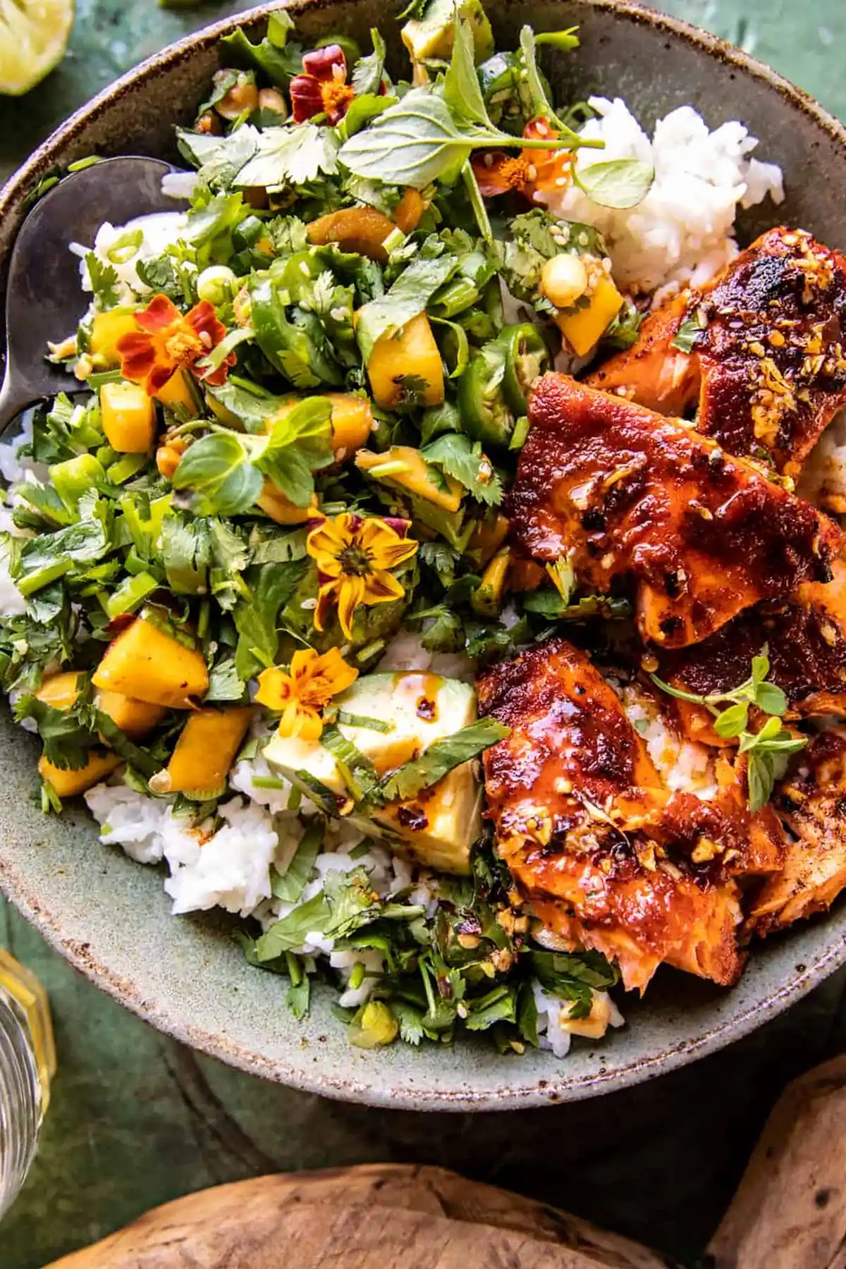 Chili Onion Crisp Salmon Bowl with Avocado Mango Salsa 3 Recipe image