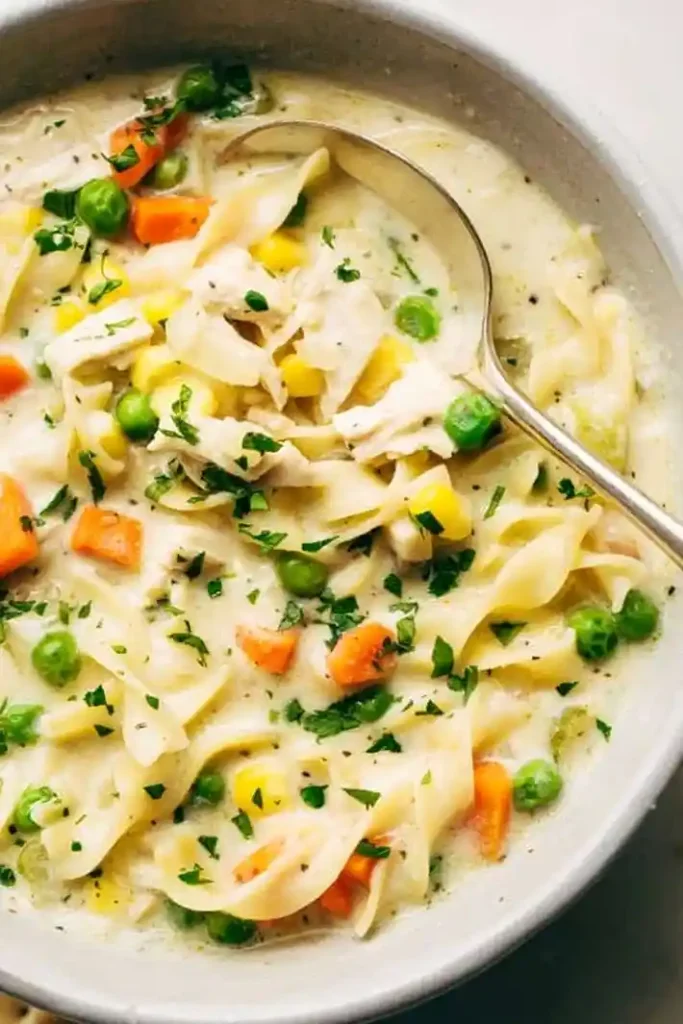 Creamy Chicken Pot Pie Soup with Egg Noodles