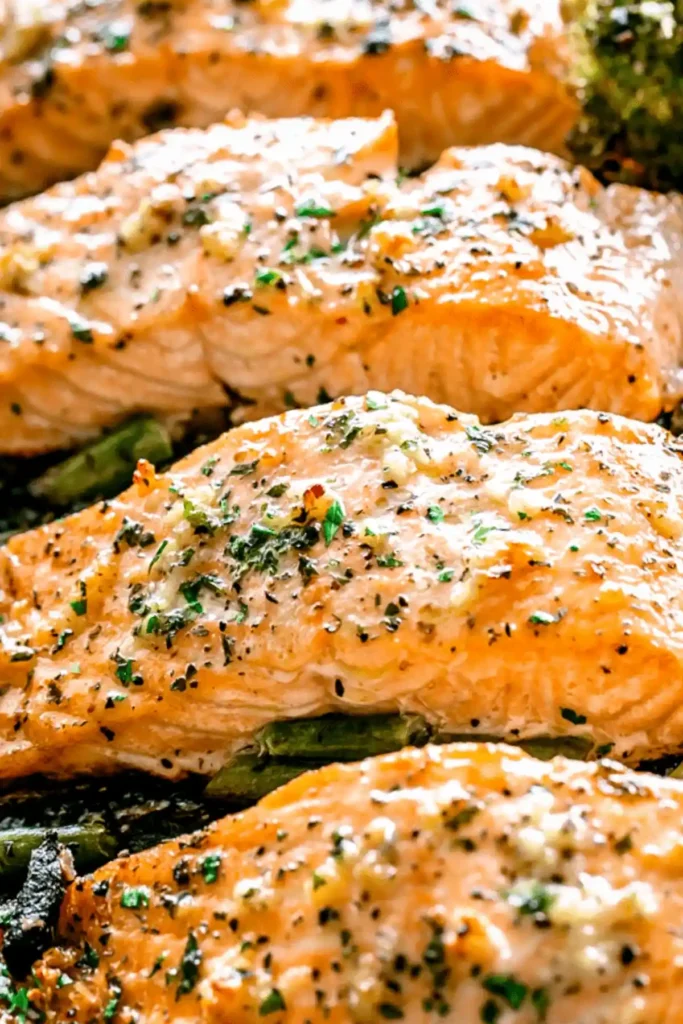Garlic Butter Baked Salmon with Roasted Broccoli