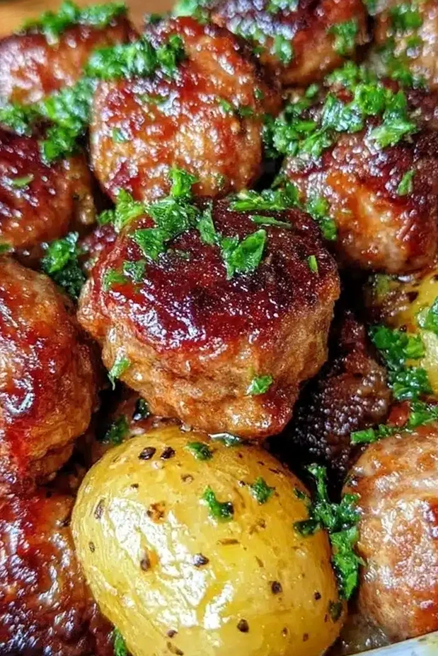 Garlic Butter One-Pan Meatballs and Potatoes 3 Recipe image