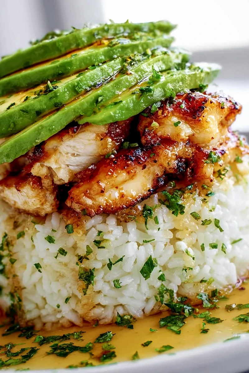 Honey Lime Chicken Avocado Rice Stack 3 Recipe image