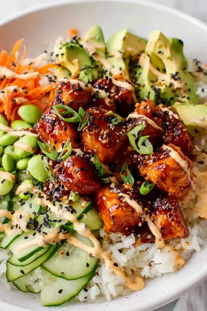 Spicy Salmon Rice Bowl with Creamy Sesame Mayo Sauce 3 Spicy Salmon Rice Bowl with Creamy Sesame Mayo Sauce